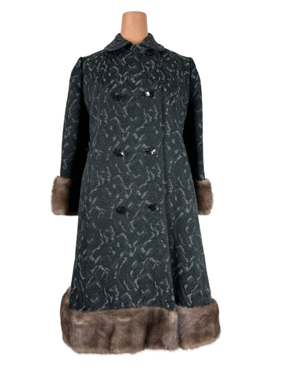 1960s Double‑Breasted Wool Jacquard Evening Coat w/ Mink Trim – Armand Paris NY - Picture 2 of 10